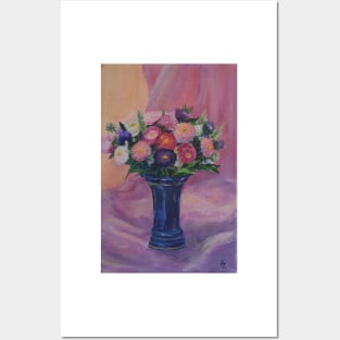 A small bouquet of asters in a blue vase Posters and Art